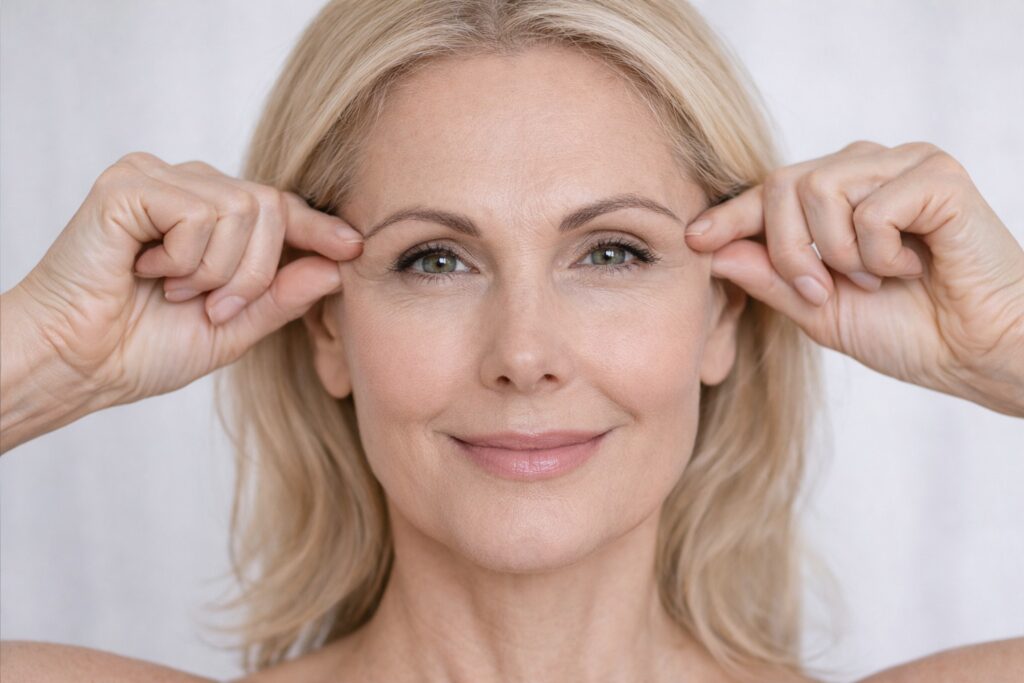 אישה מותחת בעדינות את עור הפנים כדי להמחיש מיצוק עור ושיפור מראה צעיר